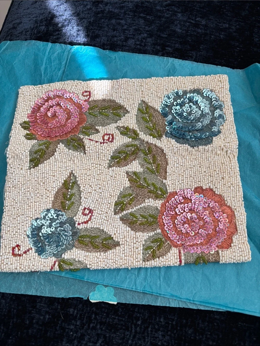 Accessorize Cream Beaded Floral Envelope Clutch with Pink & Blue Roses